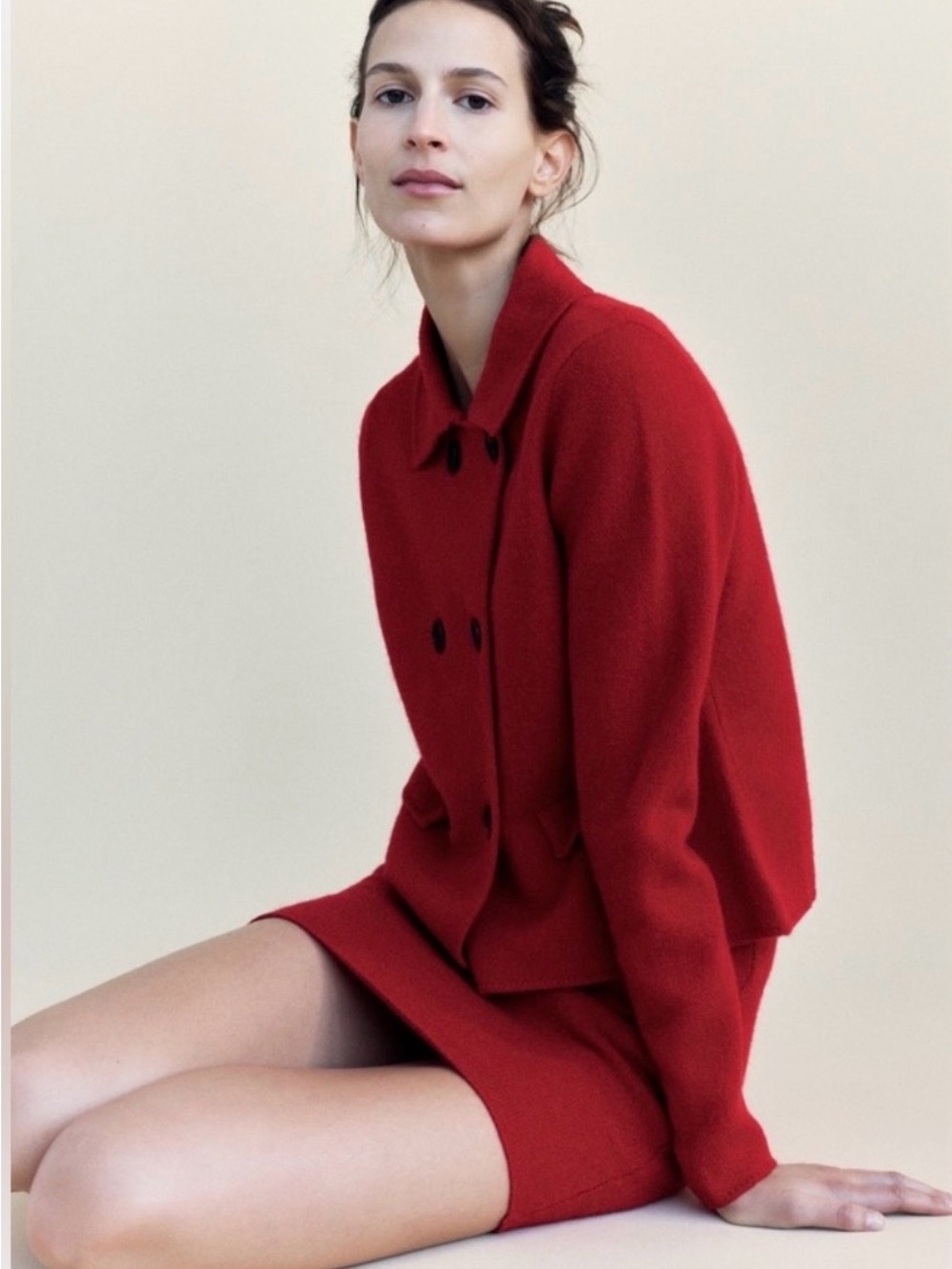Zara 100% Wool Red Pea Coat Double Breasted Classic European Tailored L